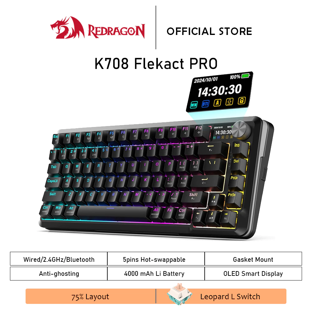 Redragon K708 Flekact Pro 75 percent mechanical keyboard with OLED screen, rotary knob, RGB lighting, and gasket mount design
