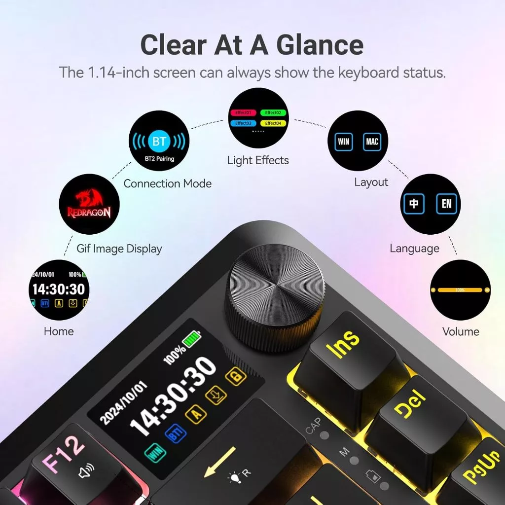 Redragon K708 mechanical keyboard OLED display showing connection mode, lighting effects, battery status, and volume control knob